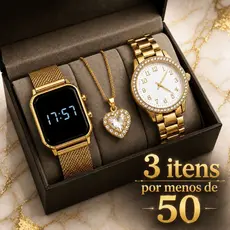 Kit Relógio Feminino Dourado 3 em 1 LED Digital + Colar Coração Luxo Presente