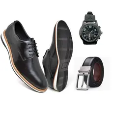 Kit Sapato Casual Masculino Oxford Preto Marrom Cinto + Relogio Couro Sintetico Sapatenis Trabalho