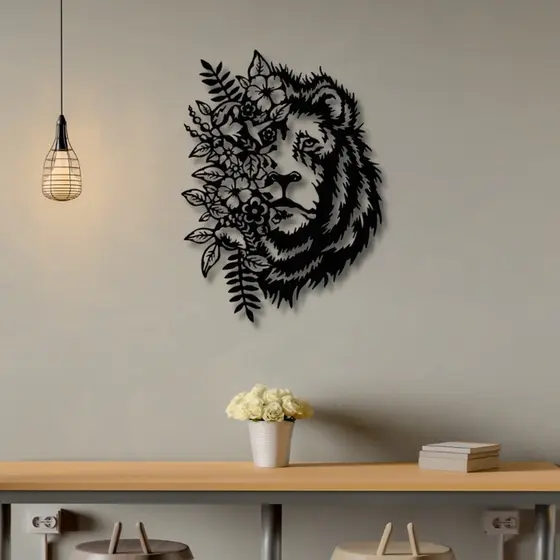 Aplique de Parede Vazado Leão Florido Quadro Decorativo