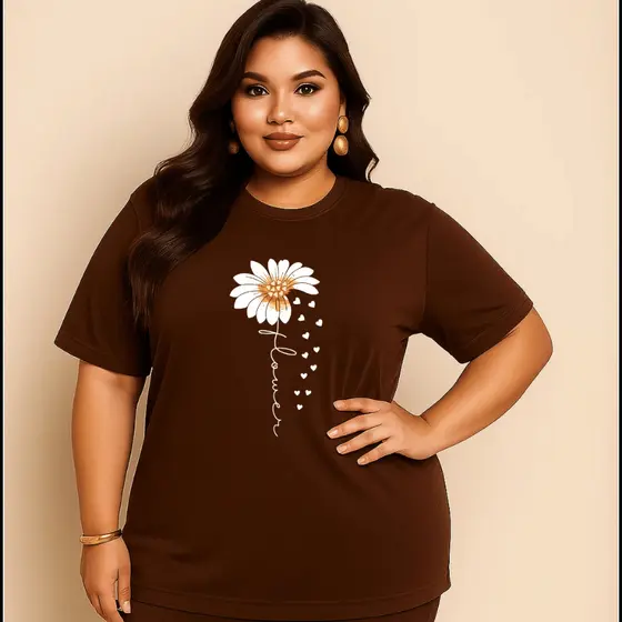 Camiseta Plus Size Feminina Estampada Do P Ao G5 Girassol Academia Treino 100% Algodão Premium Verão