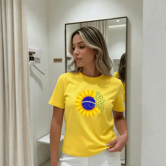 Camiseta Feminina Estampada Copa Girassol Brasil 100% Algodão Premium Verão Manga Curta Academia Treino Casual Plus Size
