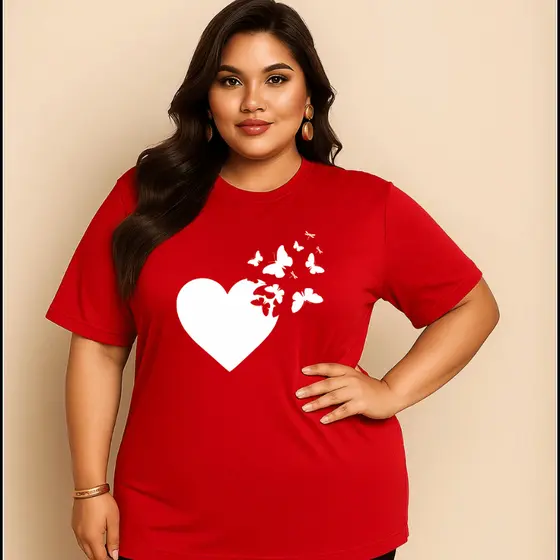 Camiseta Plus Size Feminina Estampada Do P Ao G5 Coração Borboletas Academia Treino 100% Algodão Premium Verão