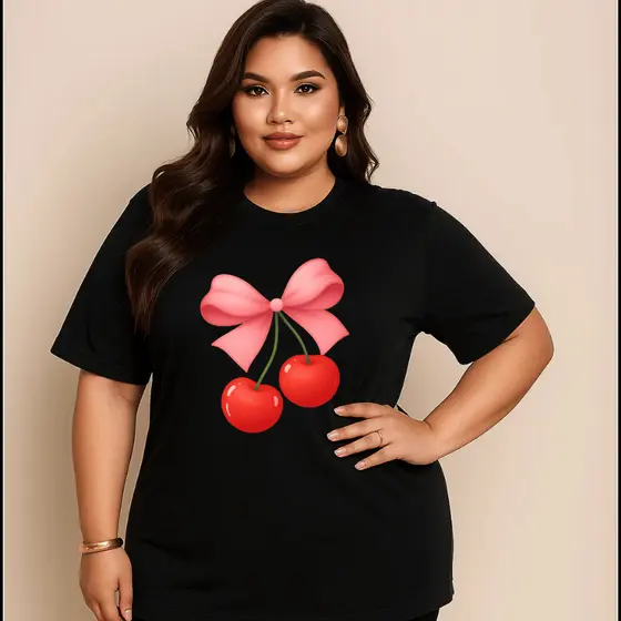 Camiseta Plus Size Feminina Estampada Do P Ao G5 Cereja Laço Academia Treino 100% Algodão Premium Verão