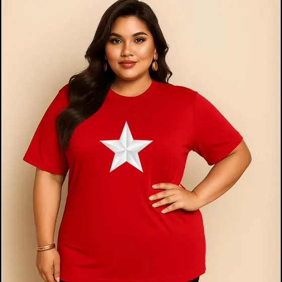 Camiseta Plus Size Feminina Estampada Do P Ao G5 Estrela PT Academia Treino 100% Algodão Premium Verão