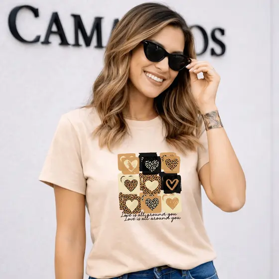 Camiseta Feminina Estampada Elegante Blusa 100% Algodão Camisa Verão Casual Confortavel Blusa 9 Coração