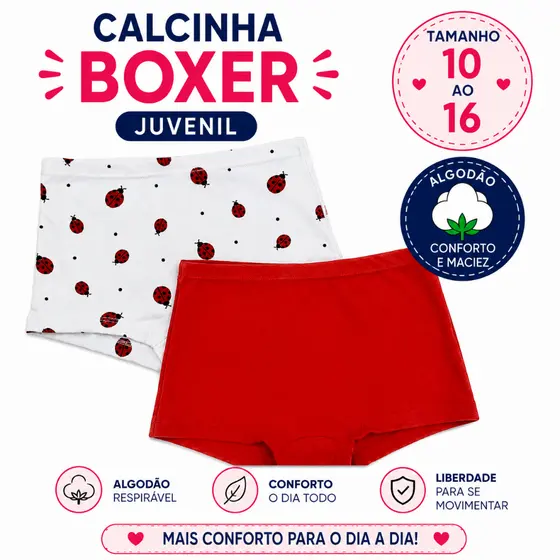 Kit 2 Calcinha Boxer Juvenil Menina Algodão Macio Conforto Total Forro Duplo
