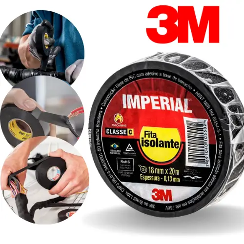 Fita Isolante preta 18mm x 10m ou 20m 1 unidade espessura 0,13mm Imperial 3M