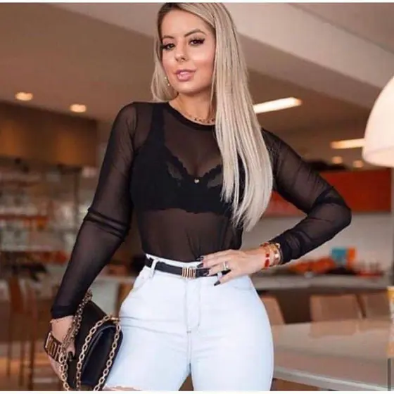 Body Tule Feminino Manga Longa/ Manga Curta Transparente Bori Tule Preto e Branco
