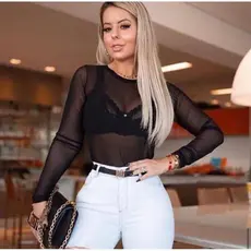 Body Tule Feminino Manga Longa/ Manga Curta Transparente Bori Tule Preto e Branco