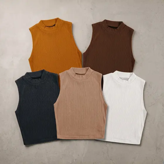Kit 5 Croppeds Canelados de Gola Canelado Tons Terrosos Básicos Elegantes Versáteis