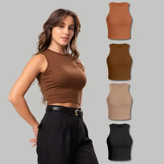 Blusa Cropped Camiseta Regata Canelada Básica