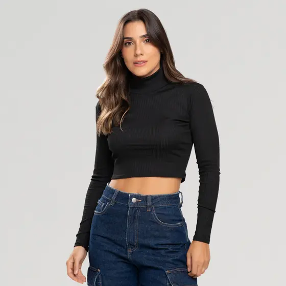 Cropped Gola Alta Manga Comprida Canelado Blusa Feminina