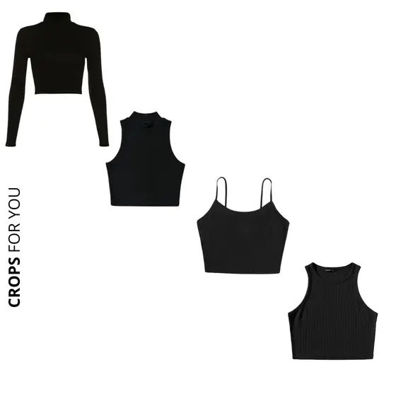 Kit 4 Croppeds Modelos Variados, Manga longa, Gola Alta, Alcinha e Regata Canelados