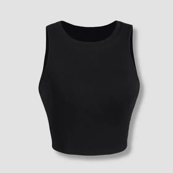 Blusa Feminina Cropped Regata Canelada Preta Básica Verão