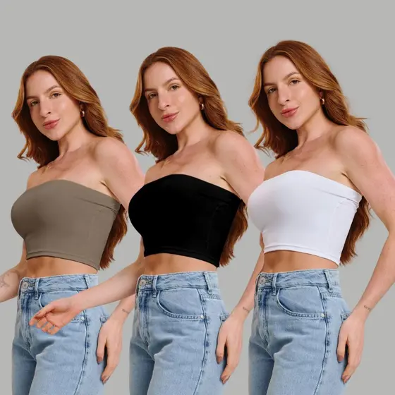 Kit com 3 Croppeds Tomara que Caia – Preto, Branco e Nude | Busto Forrado