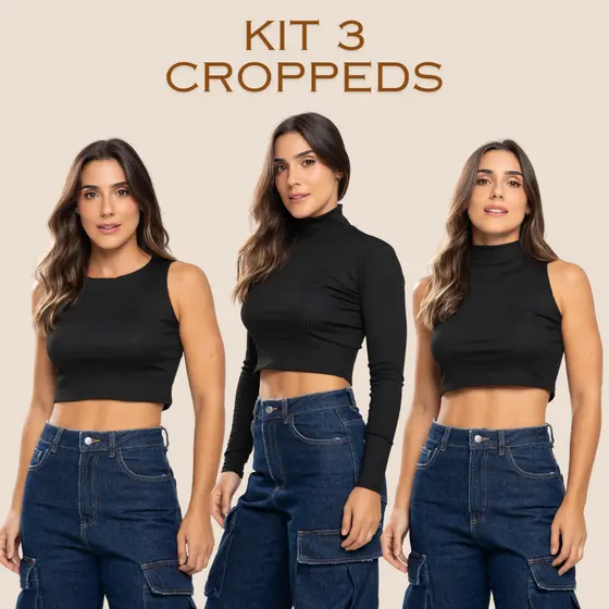 Kit Cropped Feminino 3 Croppeds Blogueira Gringa, Cropped Manga Longa, Cropped Gola Alta e Cropped Regata Canelados