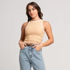 Regata Feminina Bicolor Ribana Canelada Estilo Blogueira Moda Verão