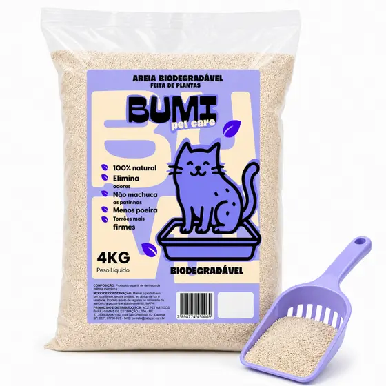 Areia Bumi Pet 4kg Mandioca Natural Alta Absorção Anti Odor Gatos