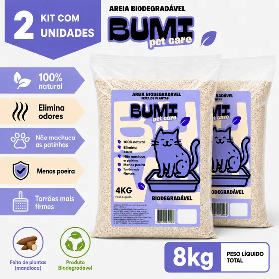 Kit 2un Areia Bumi Pet 4kg Mandioca Natural Alta Absorção Anti Odor Gatos
