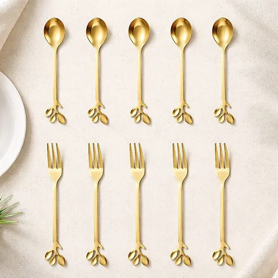 Kit Garfo e Colher Luxo 10 Peças Aço Inox Dourado ou Prateado | Talheres Decorativos Mesa Posta