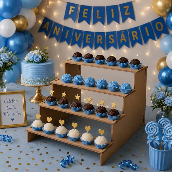 Escada Decorativa para Doces MDF Cru 4 Degraus – Suporte para Festa, Aniversário e Eventos