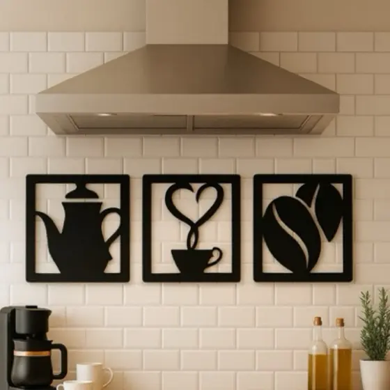 Quadro Decorativo Café 3 Peças em MDF Preto – Cozinha Luxuosa, Painel Parede Mod