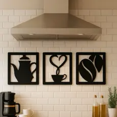 Quadro Decorativo Café 3 Peças em MDF Preto – Cozinha Luxuosa, Painel Parede Mod