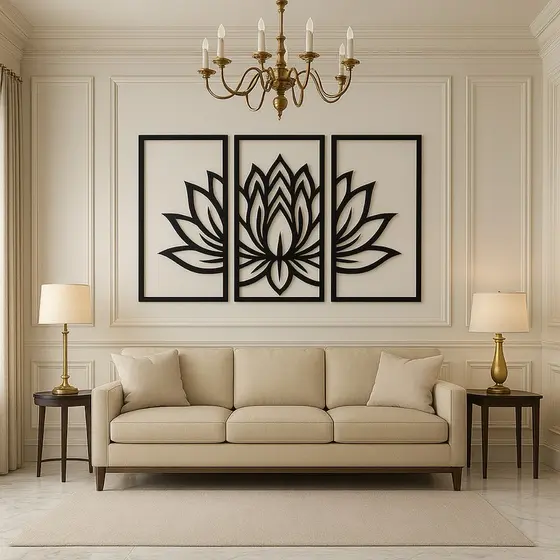 Quadro Decorativo Flor de Lótus 3 Peças em MDF Preto – Painel de Parede Sala Luxuosa Moderno Minimalista