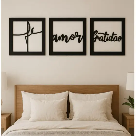 Kit 3 Quadros Decorativos Vazados Fé Amor Gratidão Preto – Decoração Moderna