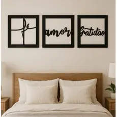 Kit 3 Quadros Decorativos Vazados Fé Amor Gratidão Preto – Decoração Moderna