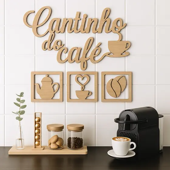 Kit Cantinho do Café em MDF Cru | Frase Decorativa + 3 Quadros | Decoração Cozinha Luxuosa
