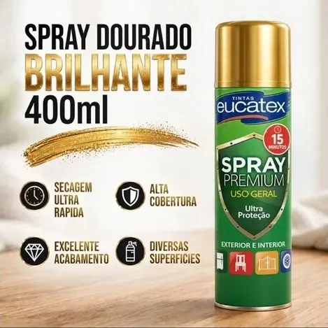 Spray Dourado Brilhante Alta Temperatura 400ml Tinta Premium 600°C Eucatex Secagem Ultra Rápida