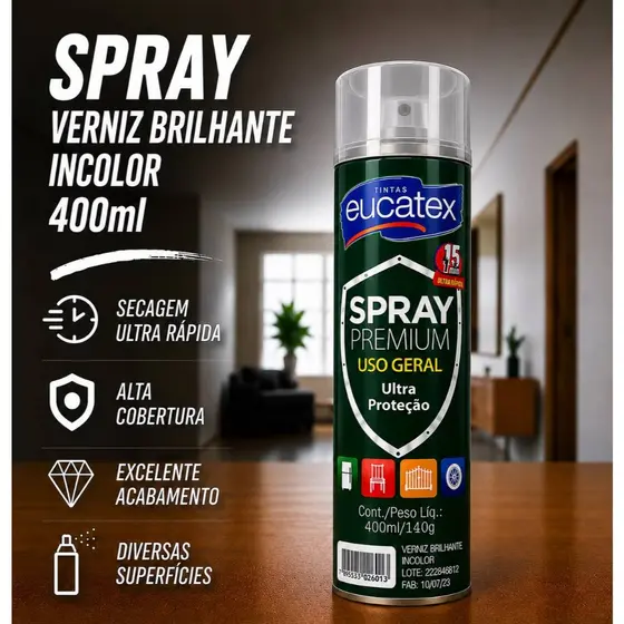 Spray Verniz Brilhante Alta Temperatura 400ml Tinta Premium 600°C Eucatex Secagem Ultra Rápida