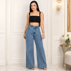 Calça Pantalona Wide Leg Jeans Feminina com Brilho Strass Pedraria Cintura Alta Tendência - A.Ming Jeans