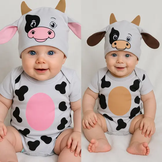 Body Bebê Vaquinha com Touca Bezerro com Touca Temático Mesversário 100% Algodão
