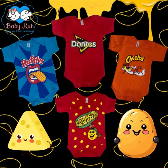 Body Bebê Mesversário Temático Salgadinhos 100% Algodão