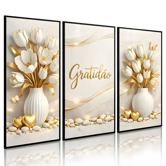 Quadros Decorativos Gratidão Fé Religioso Vaso Rosas Brancas Gold Sala