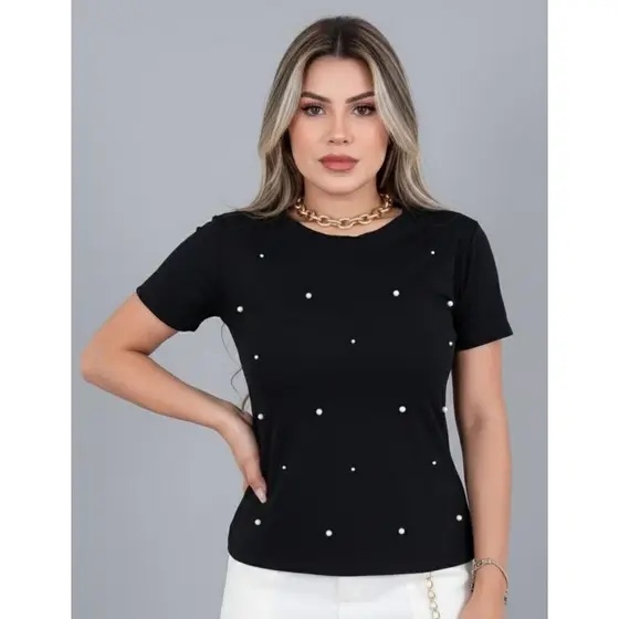 BLUSA BASICA FEMININA T-SHIRT COM PÉROLAS PREMIUM VISCOLYCRA