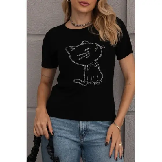 Blusa T-shirt Feminina Estampa Gatinho Com Strass Brilhante Premium