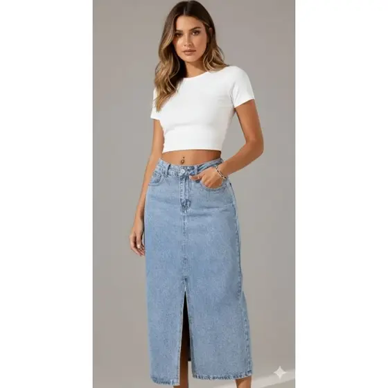 Saia Jeans Midi Feminina com Fenda – Elegância e Estilo em uma Peça