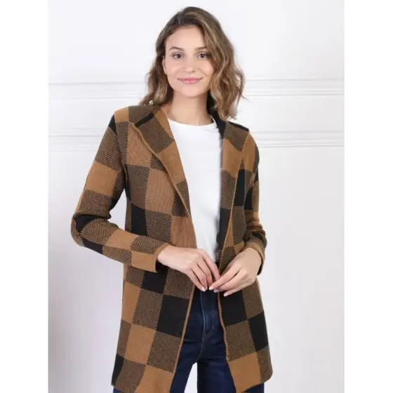 Cardigan Max Em Xadrez Kimono Tricô Grosso Moda Feminina