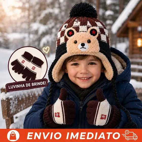 Kit Touca Infantil de Inverno Peluciada + Luvinha Brinde Menino Menina Quentinha 1 a 6 Anos