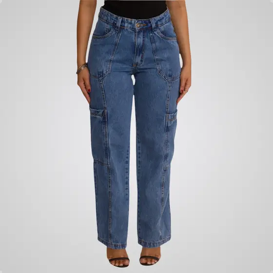 Calça Wide Leg Cargo Jeans Bolsos Carpinteiro