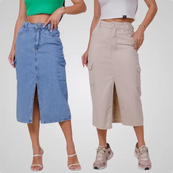 Kit 2 Saias Mid Cargo Bolsos Jeans Moda Feminina