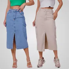 Kit 2 Saias Mid Cargo Bolsos Jeans Moda Feminina