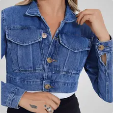 Jaqueta Cropped Jeans Bolso Moda Feminina
