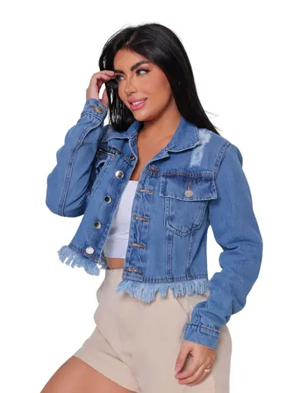 Jaqueta Cropped Bolso Jeans Ziper Barra Desfiada Moda Feminina