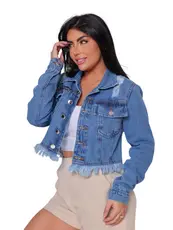 Jaqueta Cropped Bolso Jeans Ziper Barra Desfiada Moda Feminina