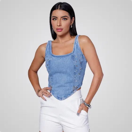 Top Jeans Cropped Alça Brilho Strass Moda Feminina