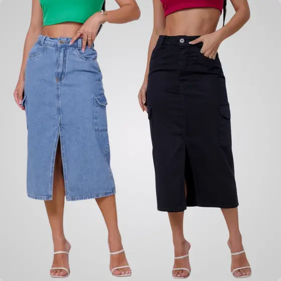 Kit 2 Saias Longa Cintura Alta Mid Cargo Bolsos Jeans Moda Feminina Abertura Lateral